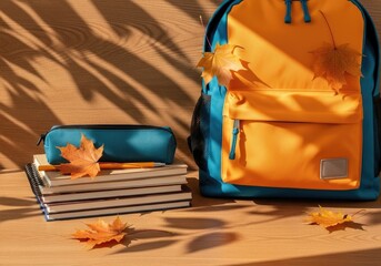 Fresh Start: New Backpack with School Supplies and Autumn Leaves