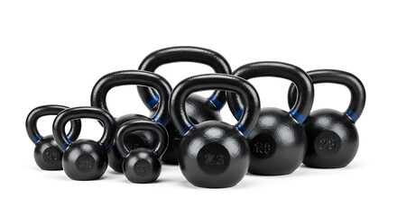 Several black kettlebells are displayed, suitable for various strength training workouts and weightlifting.