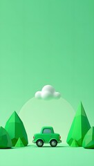 Green car cartoon illustration with trees and cloud for wallpaper and background use