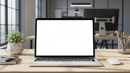 Fototapeta premium Laptop placed on desk in a workspace setup with a blank screen for mockup use.