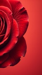 Close up shot of a beautiful red rose flower with petals on a red background image