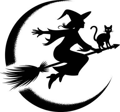Black silhouette of a witch flying on a broomstick with a cat and crescent moon vector