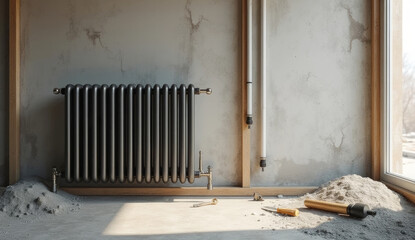 Close-up of a cast iron radiator on a raw plastered wall in a room under renovation. Ideal for themes: heating systems, home improvement, construction