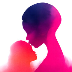 A vibrant silhouette of a mother and child, gently touching foreheads, expressing love and connection.