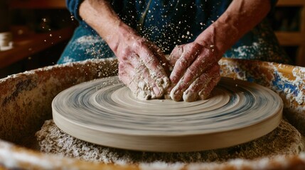Hands shaping clay on a pottery wheel