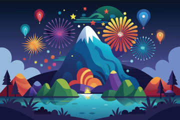 Obraz premium Vibrant mountain fireworks celebration over water