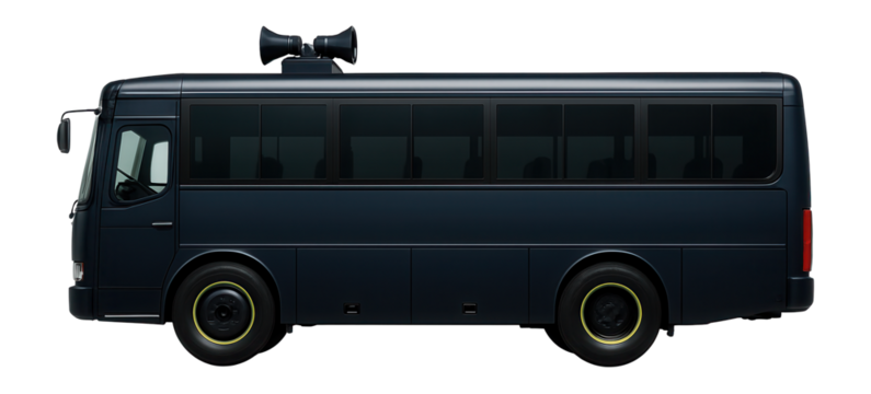 Mobile police unit bus with interior partition and external loudspeaker system