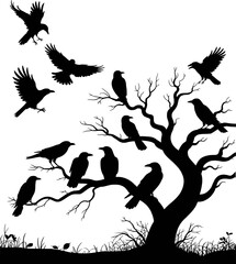 Black silhouettes of crows perched and flying around a bare tree raven bird