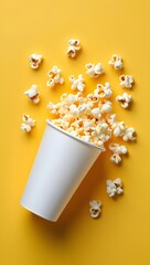 Top view of popcorn spilling from white cup on yellow background movie night snack