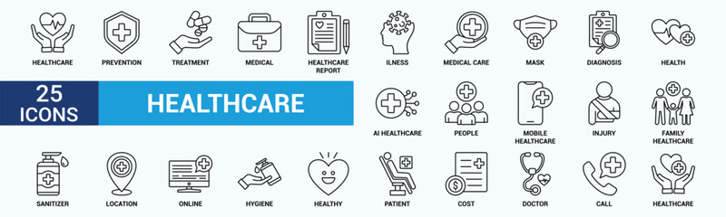 Healthcare icon set. Containing treatment, prevention, medical, health, diagnosis, report, illness, injury and more. Solid vector icons collection.