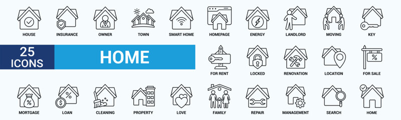 Home icon set. Containing house, property, loan, town, landlord, insurance, location, mortgage, for sale and more. Outline vector icons collection.