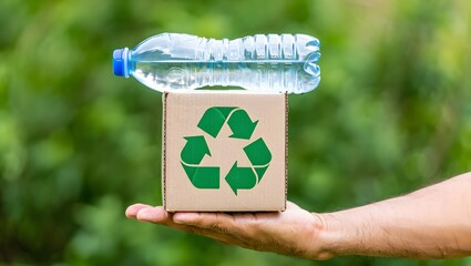 Recycling concept showing hand holding cardboard box with recycling symbol and bottle