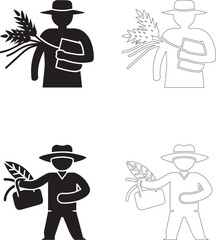 World Food Day farmer holding sheaf of wheat and book vector icons silhouette and outline set of four