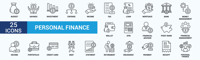 Personal finance icon set. Containing budget, savings, expense, income, tax, loan, statement, financial management, mortgage and more. Outline vector icons collection.