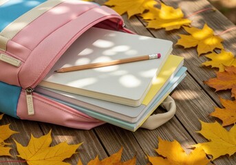 Backpack Ready for School: Notebooks and Fall Leaves