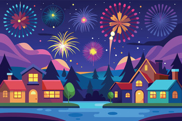 Vibrant fireworks display over cozy village at night