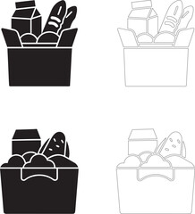 World Food Day grocery bag with milk bread and fruits silhouette and outline vector icons set of four