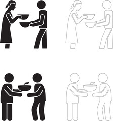 World Food Day people sharing food silhouette and outline bowl exchange vector icons set of four