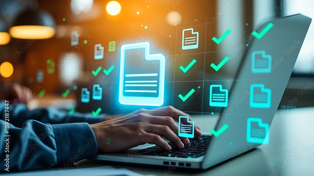 Aufkleber photo of hands typing on a laptop, surrounded by glowing digital documents and checkmarks symbolizin