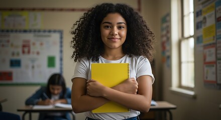 A smiling student holds a notebook in a bright classroom setting, looking directly at the camera.