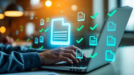 Photo of hands typing on a laptop, surrounded by glowing digital documents and checkmarks symbolizing data processing