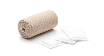 Fototapeta premium A rolled bandage alongside several sterile medical pads on a white backdrop for medical visuals.