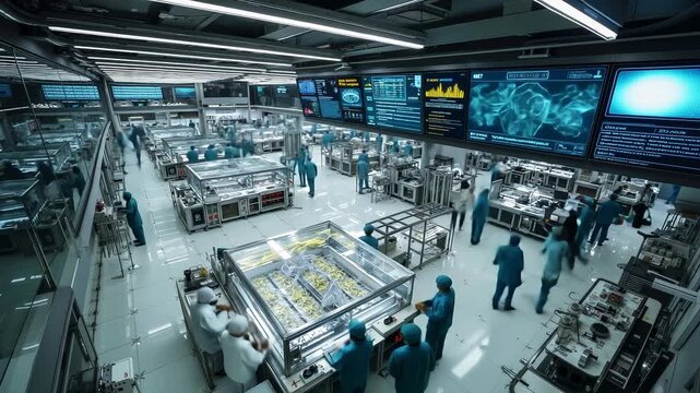 A large group of people working in a factory