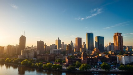 Fototapeta premium Photo of a sprawling cityscape with modern buildings and a river at sunrise