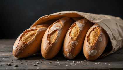 Freshly Baked Crispy Baguettes in Paper Bag on Black Background – Artisan Bread Concept