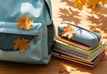 Fresh Start: New Backpack with School Supplies and Autumn Leaves
