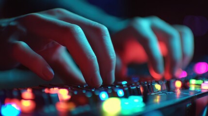 Close-up of hands playing electronic music equipment