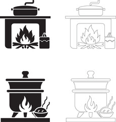 World Food Day Vector Icons of Cooking Pots on Stoves with Fire and Steaming Bowls and Containers in Solid and Outline Styles