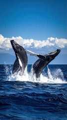 Obraz premium Two humpback whales breaching in vibrant blue ocean