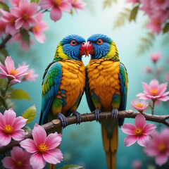 Colorful Parrots on a Branch with Blossoms