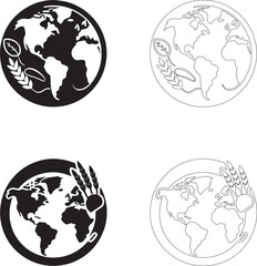 World Food Day Vector Icons of Earth with Leaf Branches and Wheat Stalks with Shovel in Solid and Outline Styles