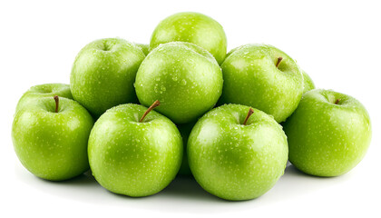 A pile of green apples on a white background