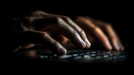 Close-up of hands typing on a keyboard in the dark