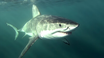 Fototapeta premium Great white shark in teal water. Close-up view of a large shark's head and upper body, showing teeth and fins. Underwater shot