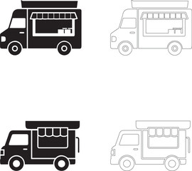 World Food Day Vector Icons of Food Trucks with Serving Awnings in Solid and Outline Styles