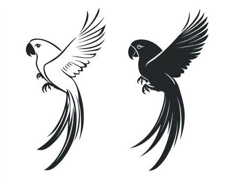 Two stylized parrot silhouettes, one white, one black, in flight