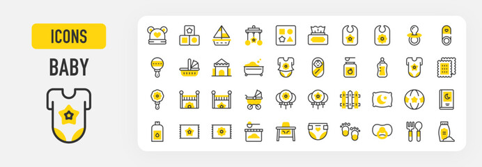 Baby icons. Diaper, Cubes, Pacifier, Shapes, Steps, Baby Powder, Baby Cutlery, Baby Food, Baby Pin, Rug, Baby Hat, Oil, Toy, Ball, Balloons, Baby Bath Tub vector stroke illustration.	
