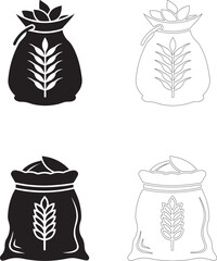 World Food Day Vector Icons of Grain Sacks and Seed Bags with Leaf and Wheat Designs in Solid and Outline Styles