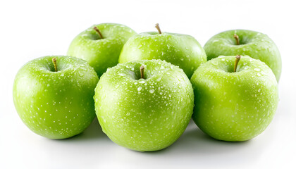 A pile of green apples on a white background