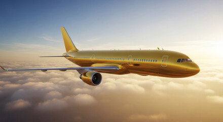 Obraz premium Photograph of a sleek, golden commercial airplane flying through a sea of fluffy, white clouds at sunset, with a clear sky backdrop.
