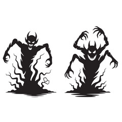 Two cartoonish black silhouettes of devilish figures with horns and sharp claws on a white background