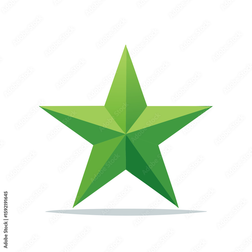 Poster isolated green star shape with faceted design and subtle shadow on white background