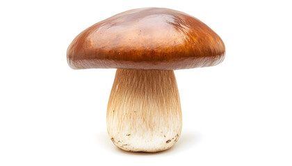 Close-up of a single whole fresh brown chestnut mushroom isolated on a white background, showing its smooth cap and hard stem.