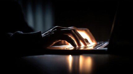 Hands typing on a laptop keyboard in the dark