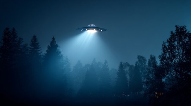 Mysterious ufo hovering in dark forest with bright lights at night
