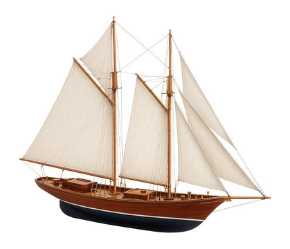 Gaff-rigged schooner with wooden masts and traditional canvas sails